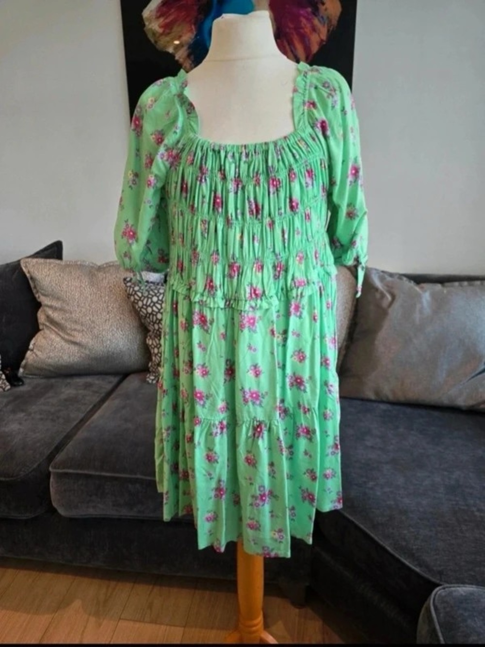 Green Floral Smocked Maxi Dress with Puff Sleeves by